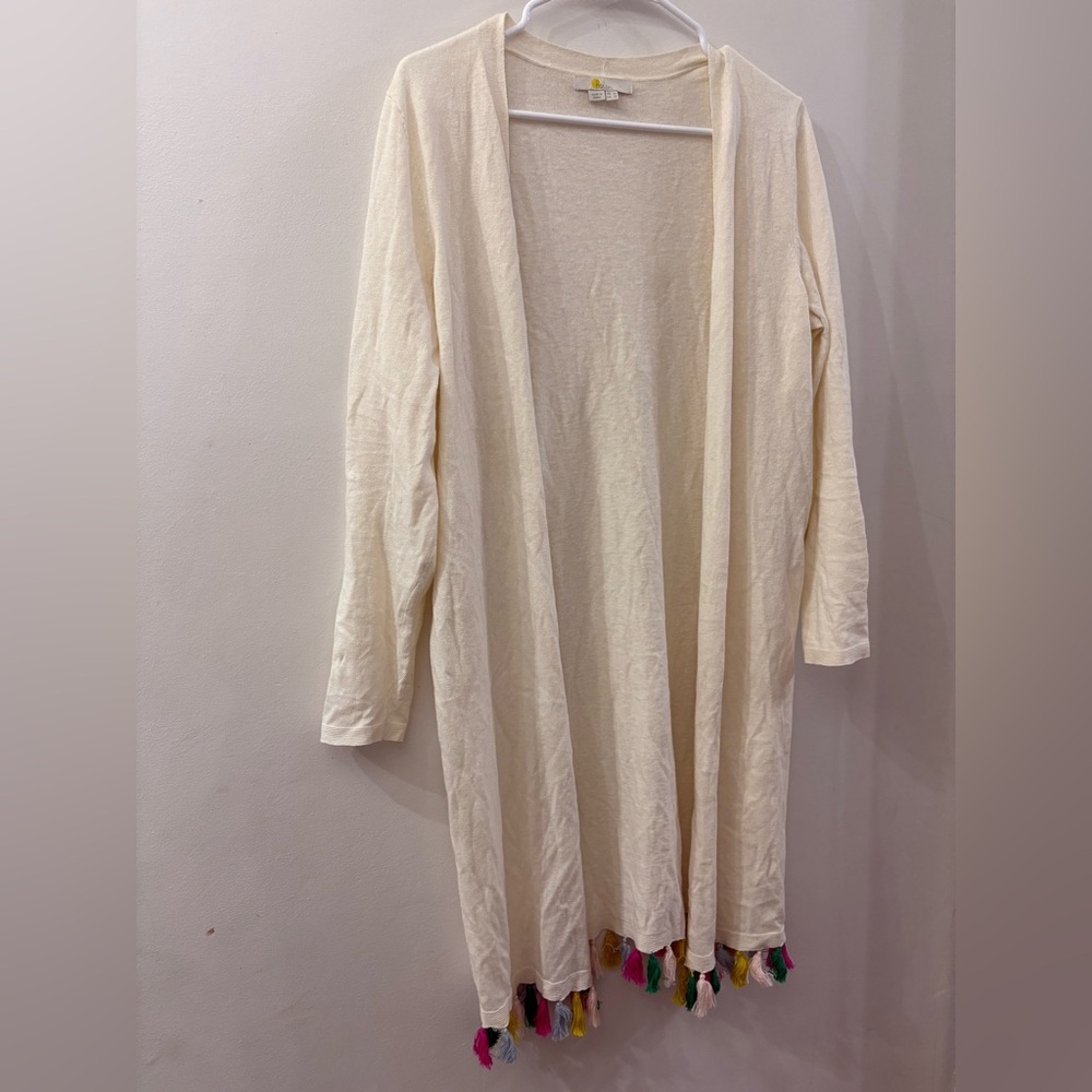 Boden Cream long length open Cardigan with Colorful tassel - size 12